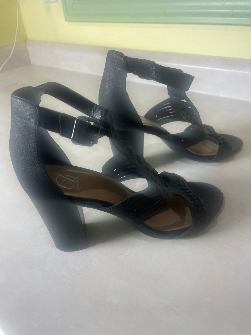 Black Women's High Block Heel Sandals with Ankle Strap Size 8.5